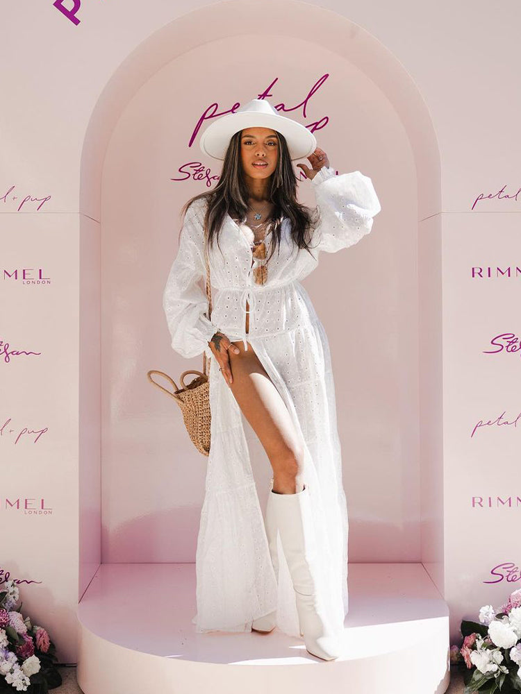 Women White Lace Lantern Sleeve Buttons Beach Cover-ups